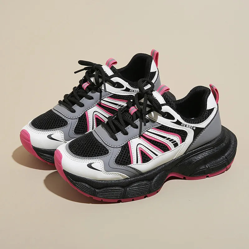 Women's Lace-Up Platform Athletic Shoes | Breathable Mesh & PU Leather Sneakers