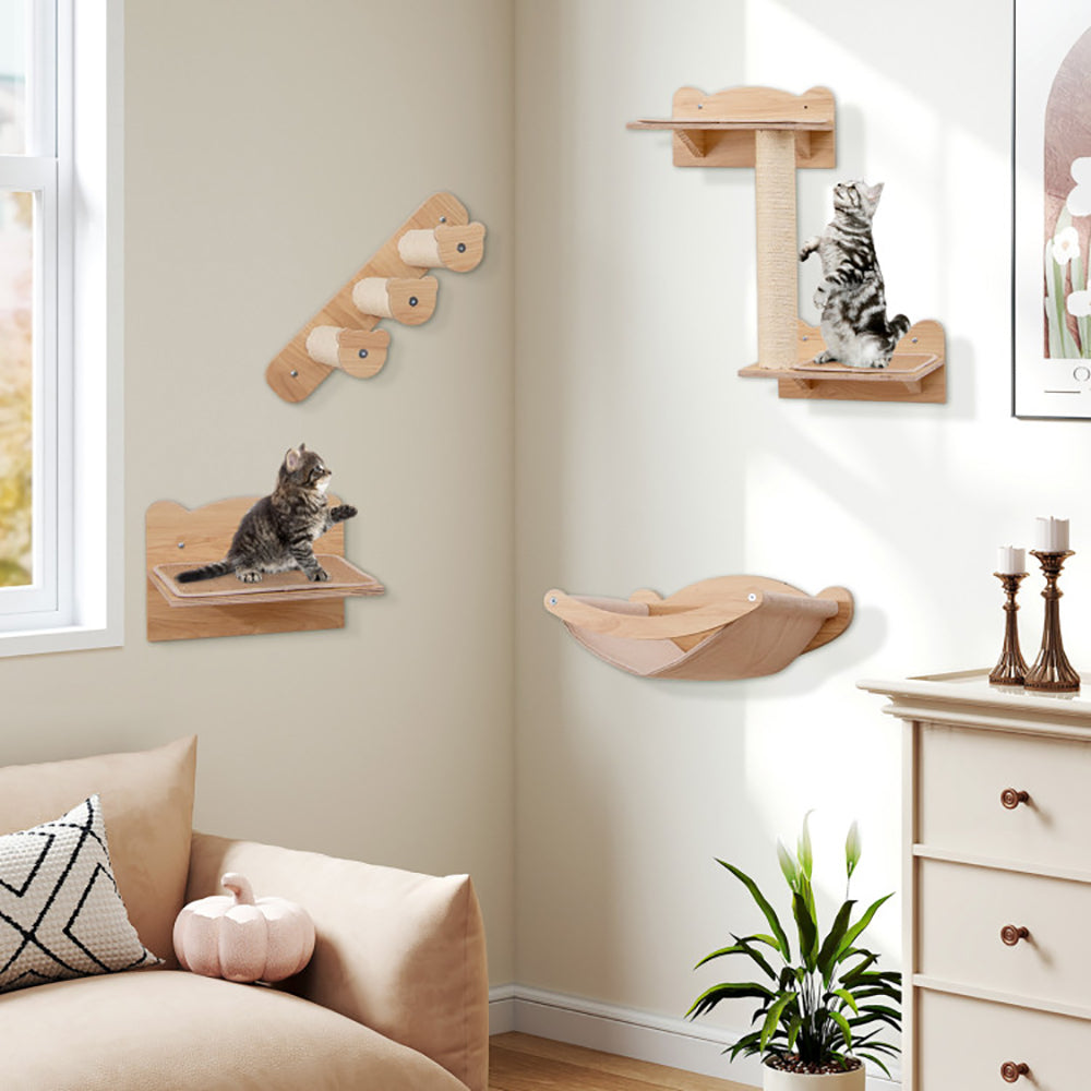 4-Piece Wall-Mounted Cat Tree with Hammock - Space-Saving Climbing Furniture for Indoor Cats