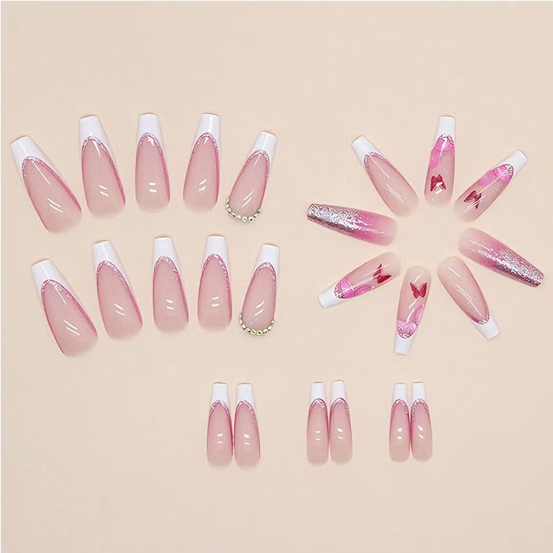 Glitter Butterfly Press On Nails – 24 Piece Long Square False Nails