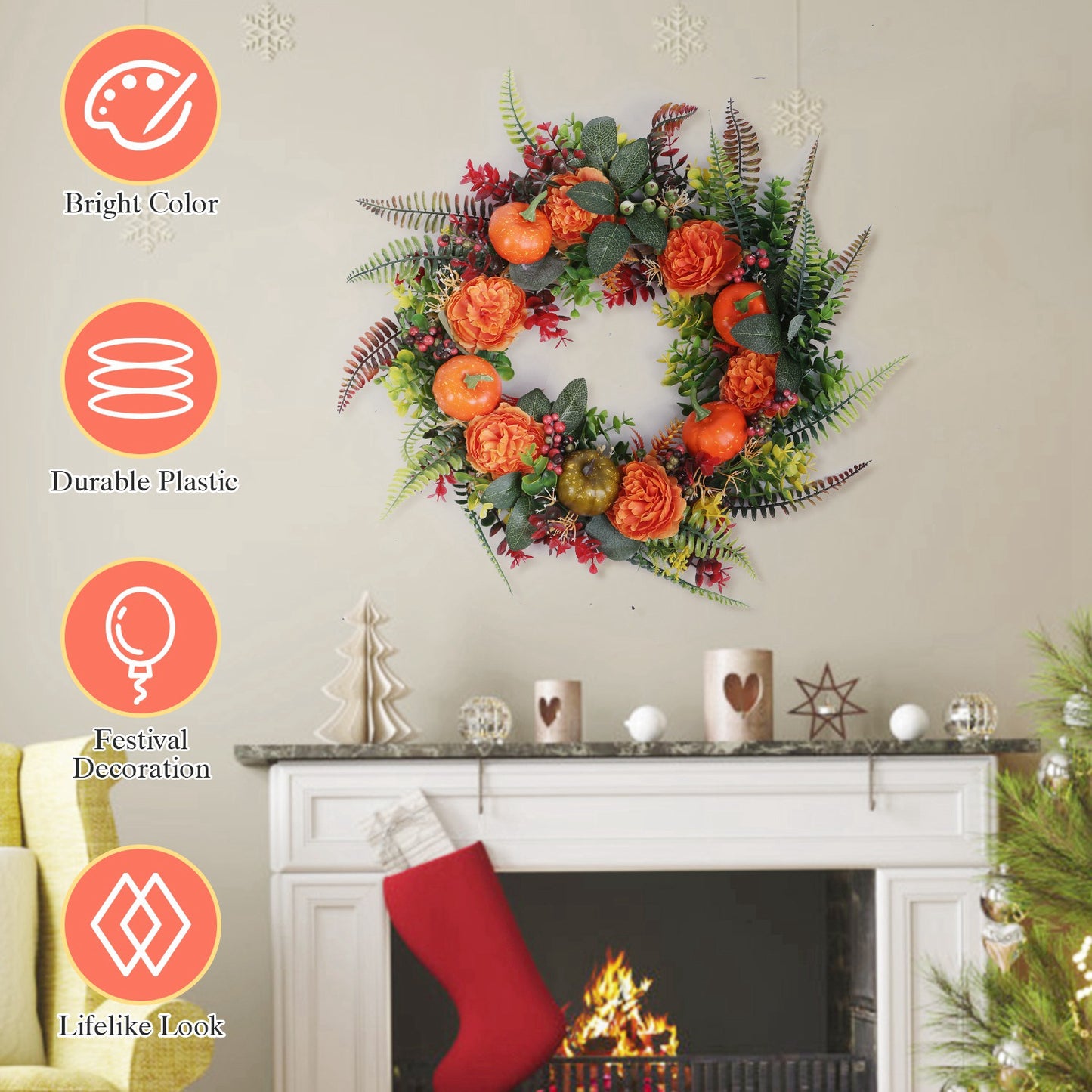 17.7" Fall Wreath for Front Door - Autumn Pumpkin & Berry Harvest Decoration