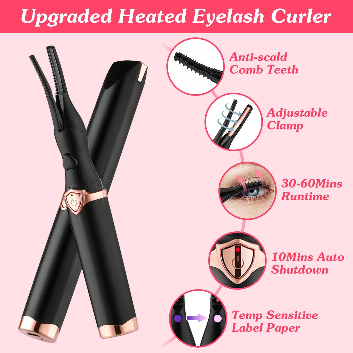 Heated Eyelash Curler – USB Rechargeable Electric Lash Curler | 3 Temperature Settings