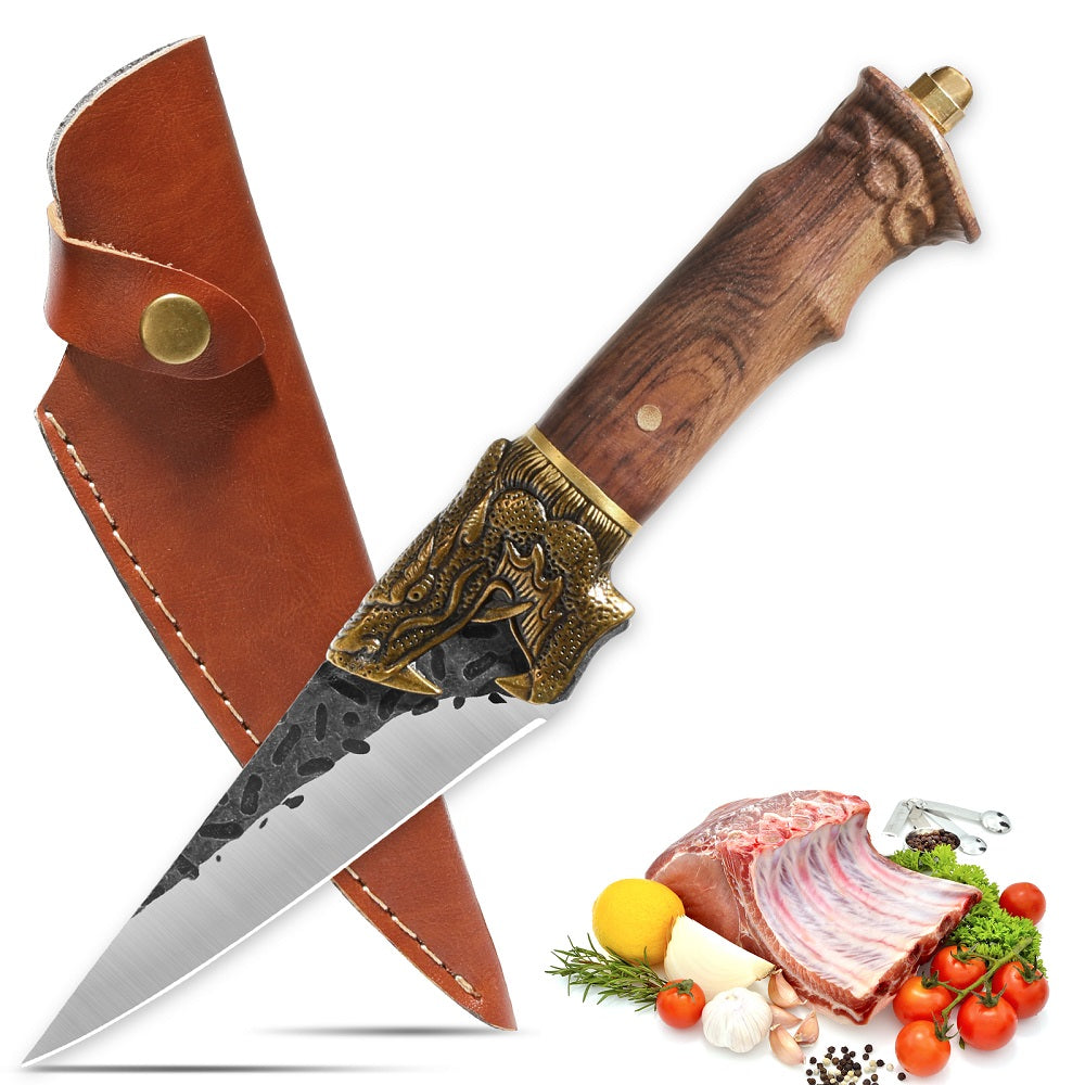 Hand Forged Boning Knife with Dragon Handle - 7Cr17MOV Carbon Steel Blade with Leather Sheath for Hunting, Camping & Filleting