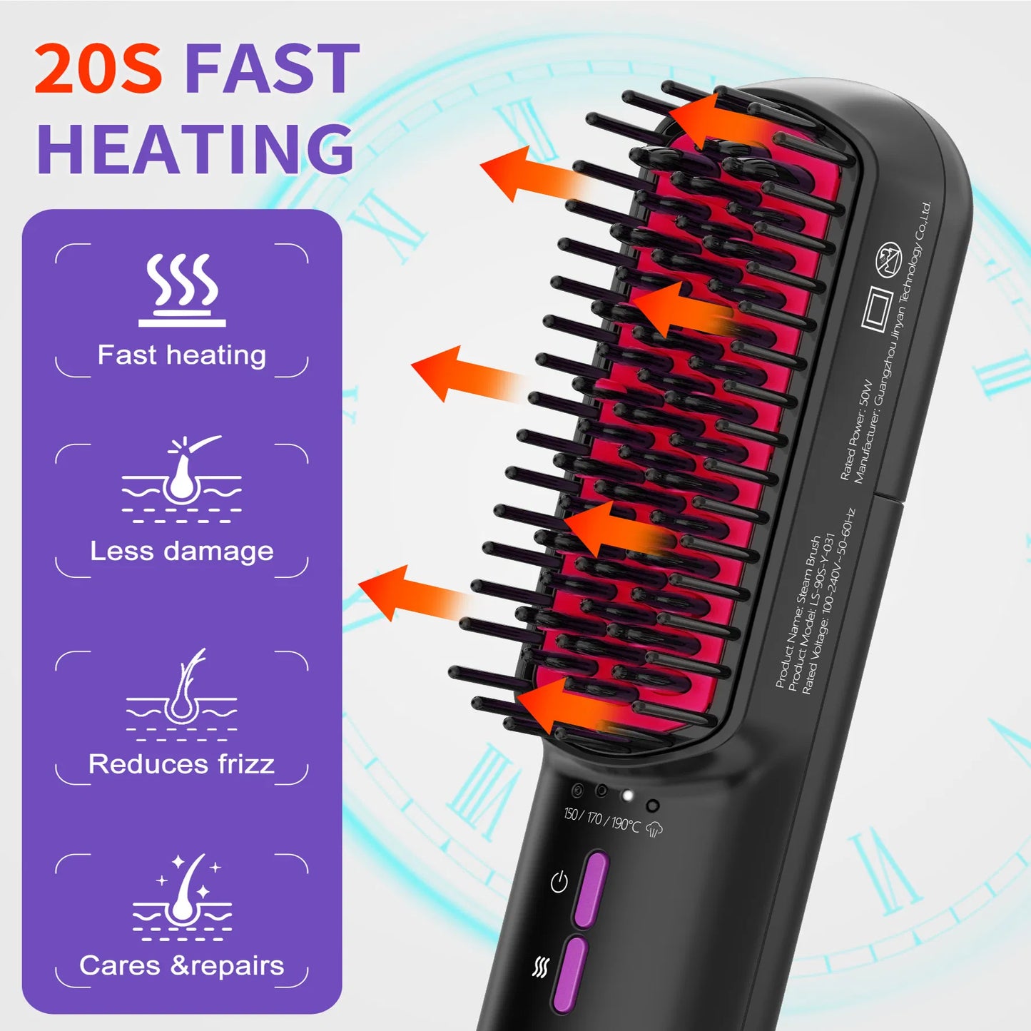 Steam Hair Straightener Brush – Ionic Ceramic Anti-Frizz Straightening Comb with Auto Shut-Off & Dual Voltage
