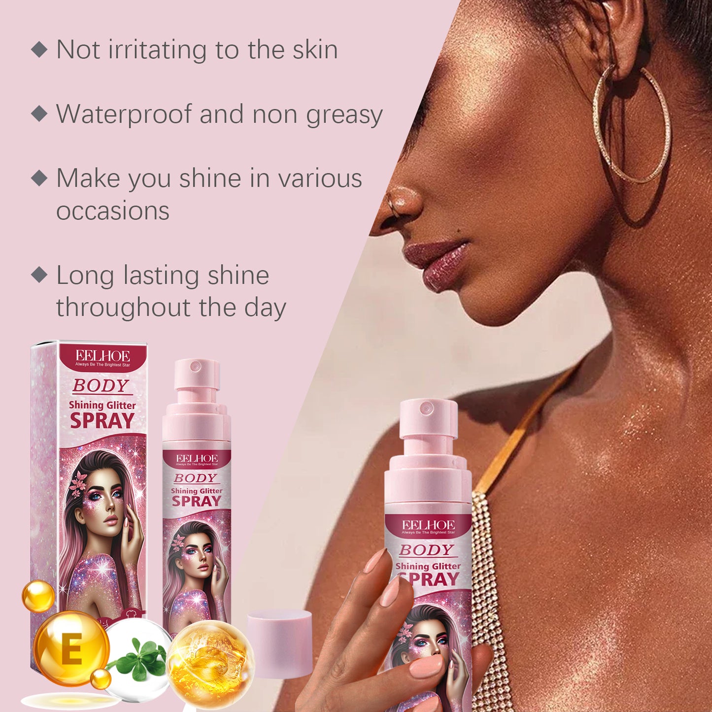 Body Glitter Spray – Long-Lasting Shimmer Highlighter for Face & Body | Vitamin E Formula