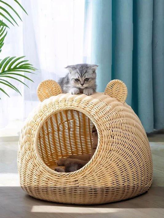 Rattan Pet Nest – Semi-Enclosed Washable Cat Bed