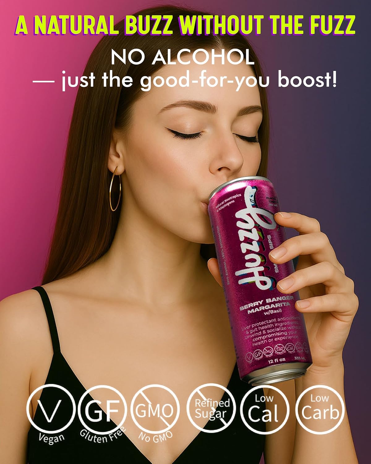 Huzzy Smart Sips Berry Banger Margarita Non-Alcoholic Cocktail, 4 Pack