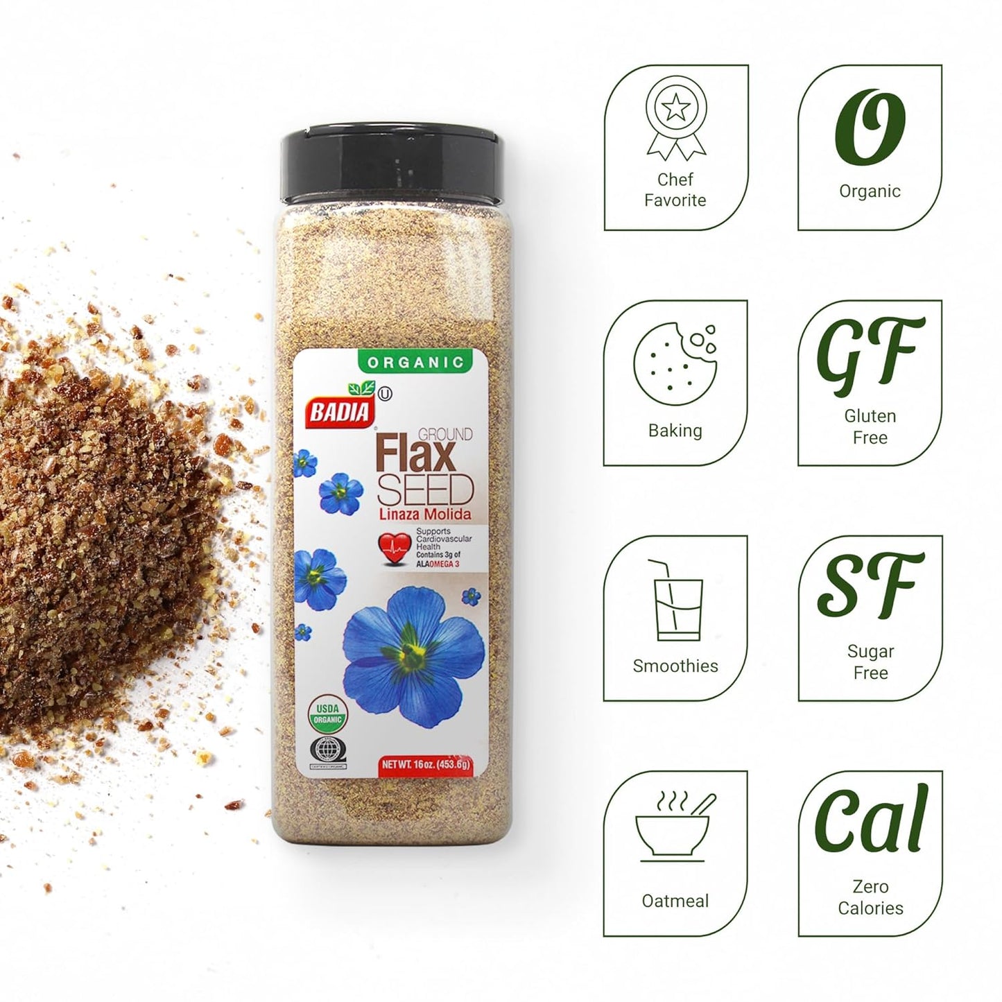 Badia Organic Ground Flax Seed | 16 oz | Certified Organic, Non-GMO