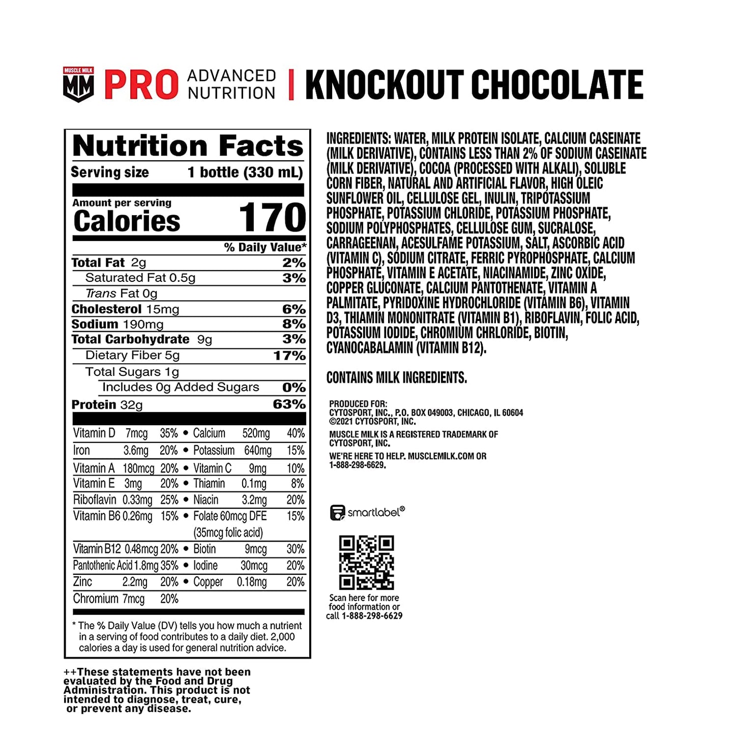 Muscle Milk Pro Series Protein Shake, Knockout Chocolate, 32g Protein, 11.16 fl. oz. (Pack of 12)