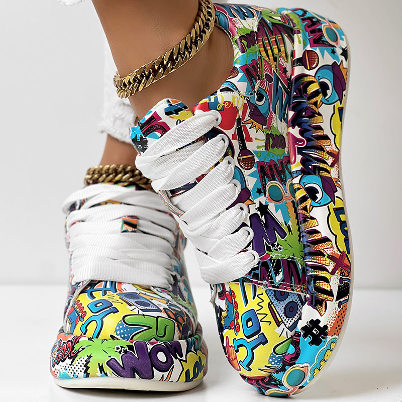 Women's Printed Lace-Up Sneakers - Thick Sole Platform Shoes for All-Day Comfort
