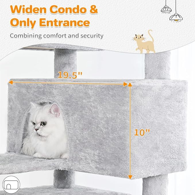 56" Multi-Level Cat Tree Tower with Scratching Posts, Cozy Condos & Hanging Toys – Light Gray