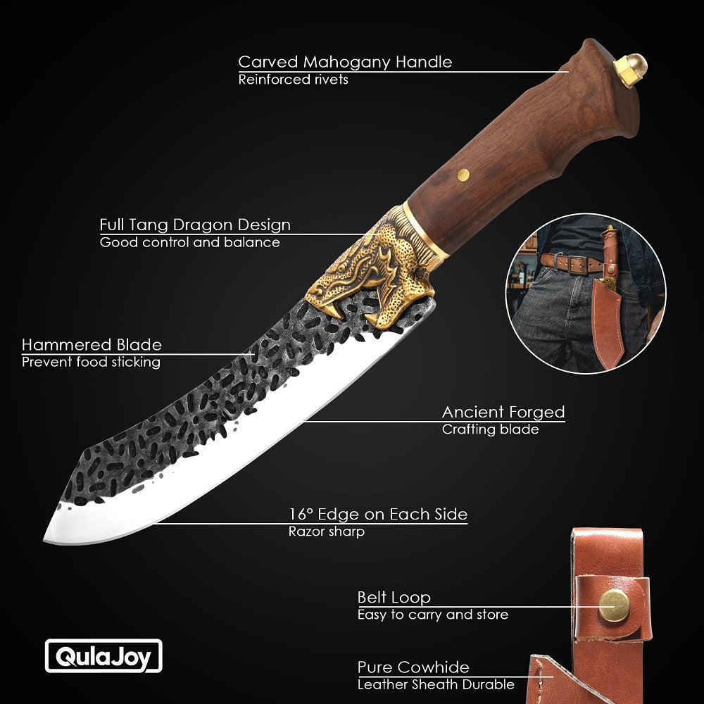 Hand Forged Boning Knife with Dragon Handle - 7Cr17MOV Carbon Steel Blade with Leather Sheath for Hunting, Camping & Filleting