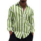 Men's Striped Button-Down Long Sleeve Shirt – Stretch Polyester Casual Top