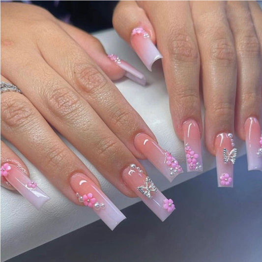 Press-On Nails | 24-Piece Butterfly Floral Diamond Set | Long Square