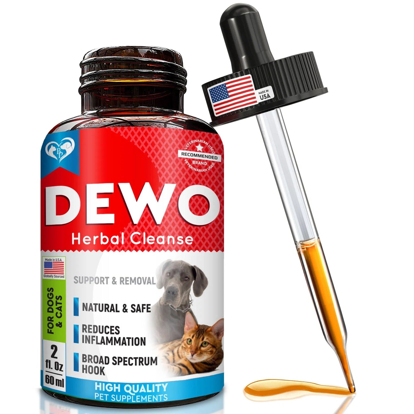 Natural Dewormer for Cats & Dogs - Herbal Liquid Drops for Tapeworm, Roundworm & Hookworm Prevention