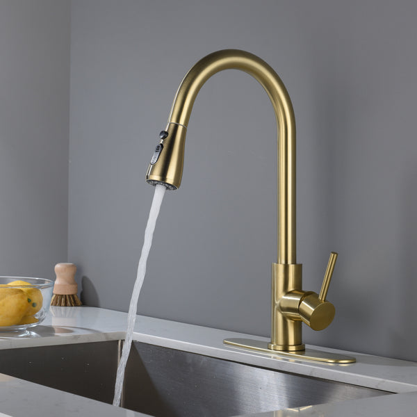 Brushed Gold Kitchen Faucet with Pull-Down Sprayer | Single Handle High Arc 360° Swivel Spout | 3-Spray Modes