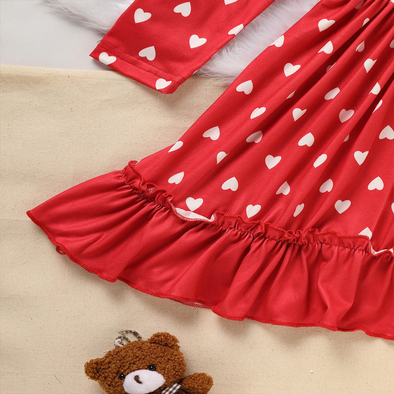 Toddler Girl's LOVE Embroidered Valentine Dress | Heart Print Long Sleeve A-Line with Ruffle Hem