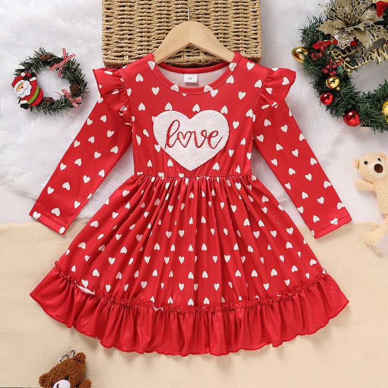 Toddler Girl's LOVE Embroidered Valentine Dress | Heart Print Long Sleeve A-Line with Ruffle Hem