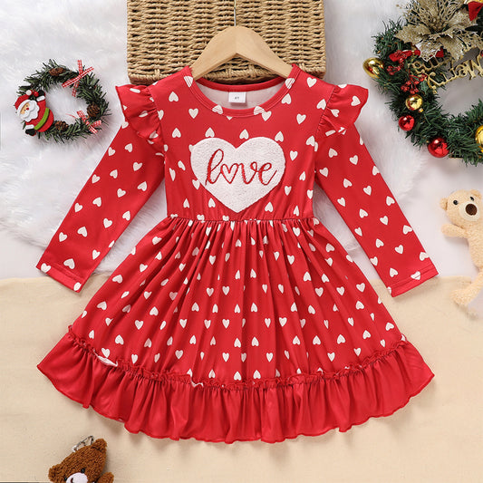 Toddler Girl's LOVE Embroidered Valentine Dress | Heart Print Long Sleeve A-Line with Ruffle Hem