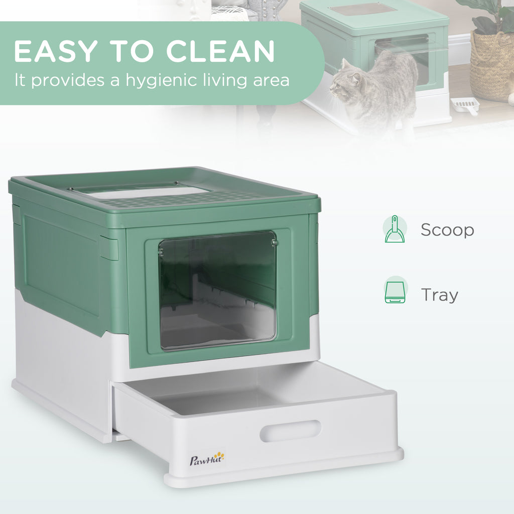 PawHut Enclosed Cat Litter Box - Odor Control, Top Entry, Pull-Out Drawer - Green