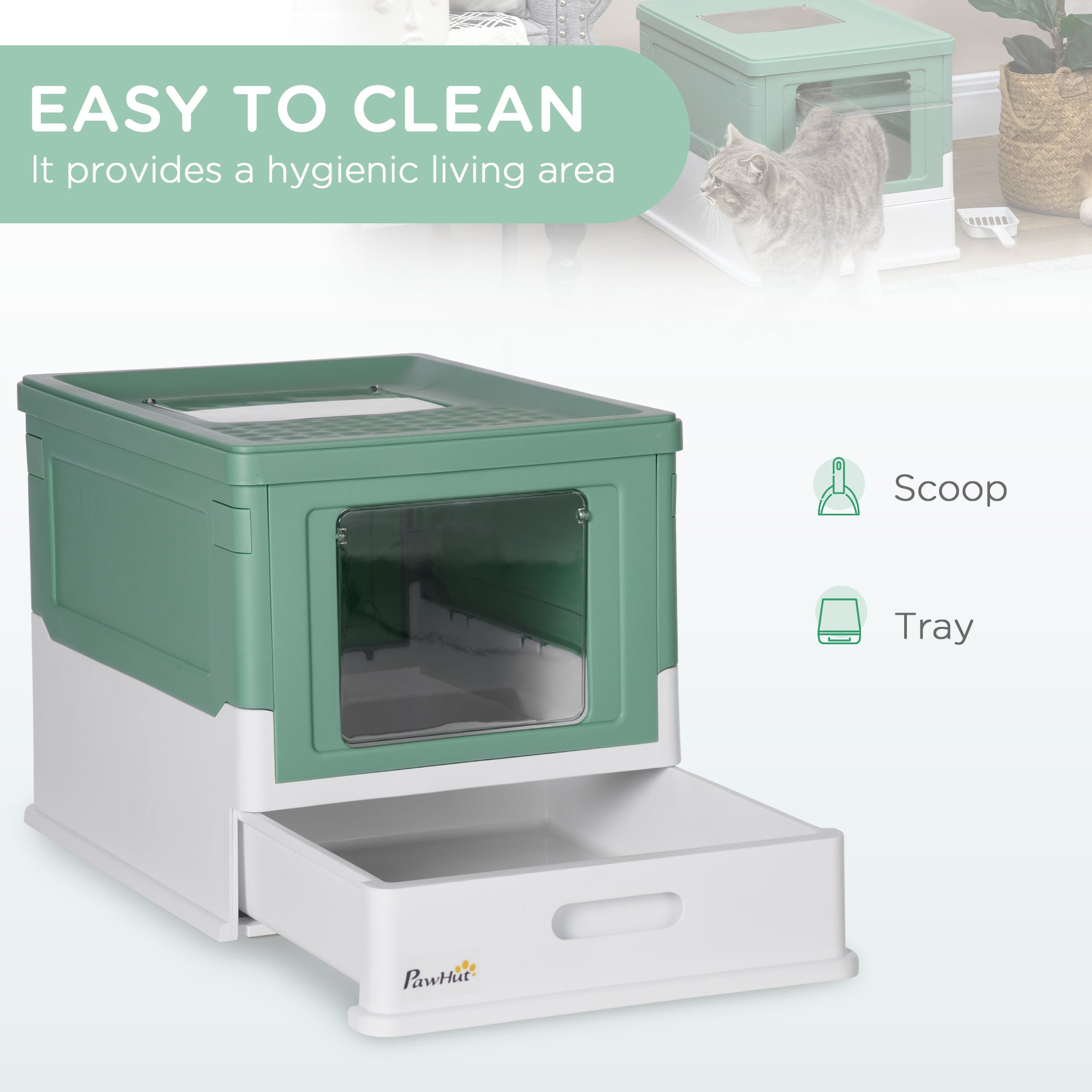 PawHut Enclosed Cat Litter Box - Odor Control, Top Entry, Pull-Out Drawer - Green