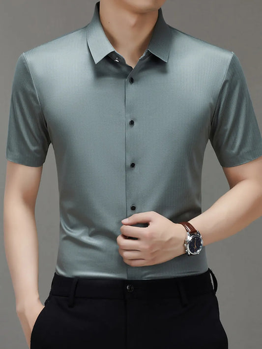 Men's Short Sleeve Stretch Button-Up Shirt – Soft Cotton Blend Casual Top