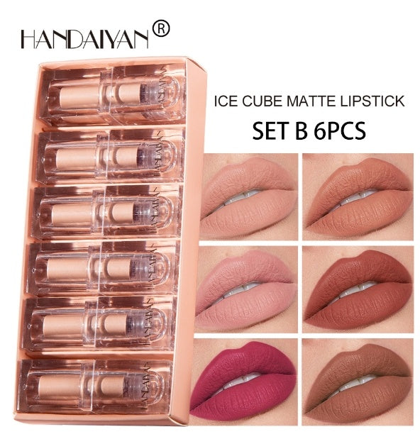 Ice Cube Matte Lipstick Set – 6 Long-Lasting Waterproof Shades | Vitamin E & Plant Oils