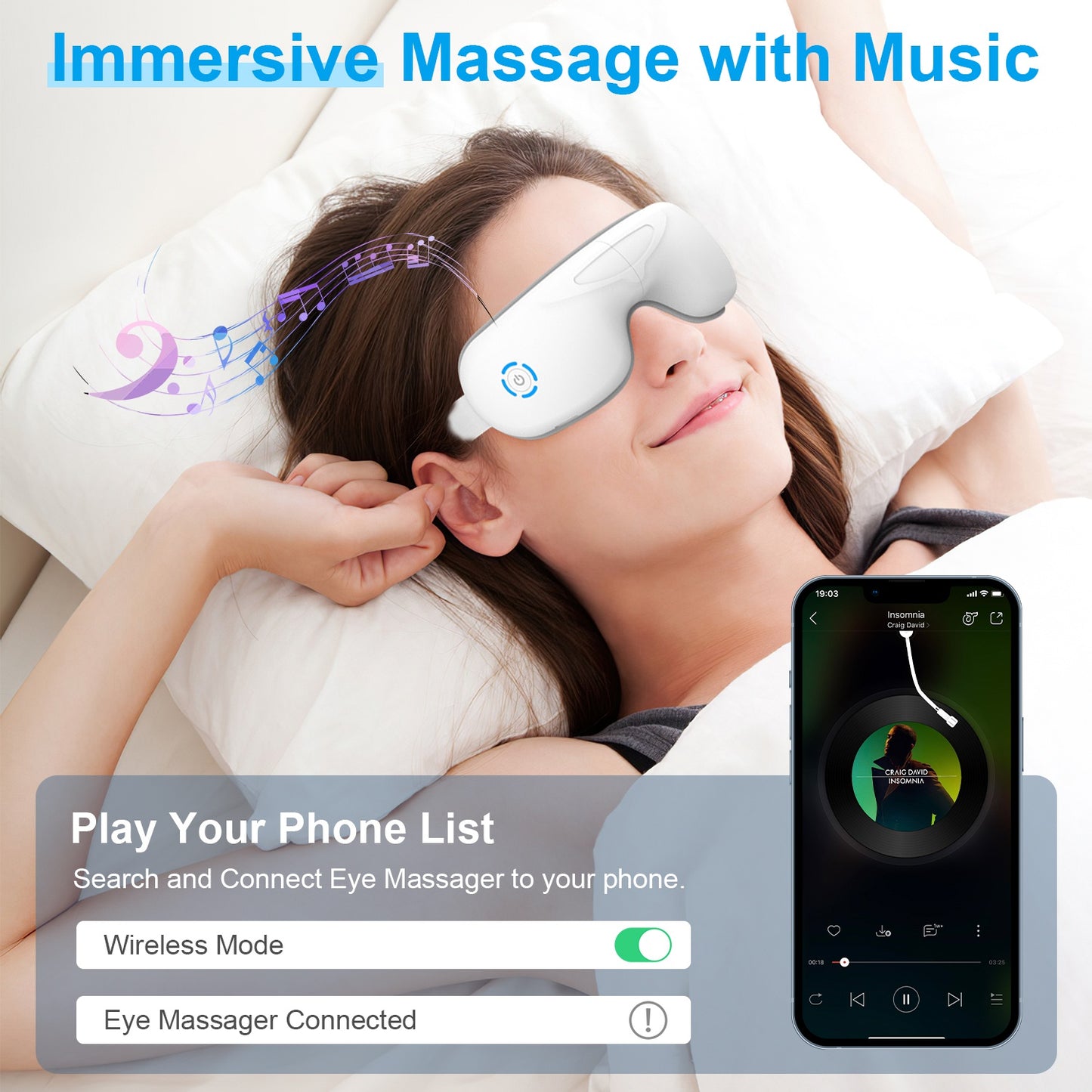 Rechargeable Eye Massager with Heat & Bluetooth Music – Eye Strain, Migraine & Fatigue Relief