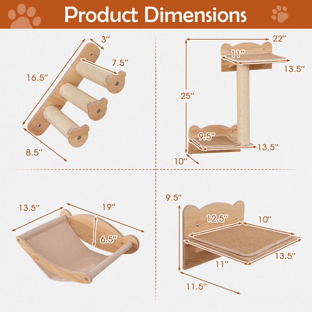 4-Piece Wall-Mounted Cat Tree with Hammock - Space-Saving Climbing Furniture for Indoor Cats