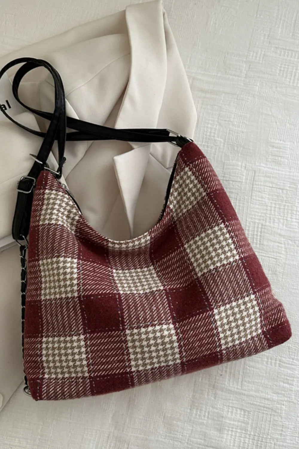 Plaid Adjustable Strap Crossbody Handbag – Medium
