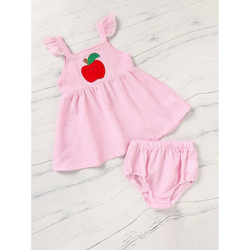 Girls Back to School Outfit Set - Ruffle Sleeve Apple Top & Shorts 2-Piece