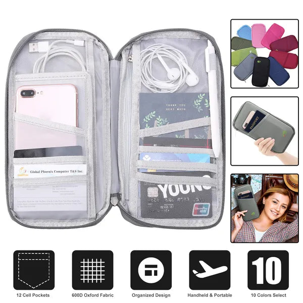 Travel Passport Holder Wallet - RFID Blocking Organizer with 12 Card Slots for Documents, Tickets & Phone