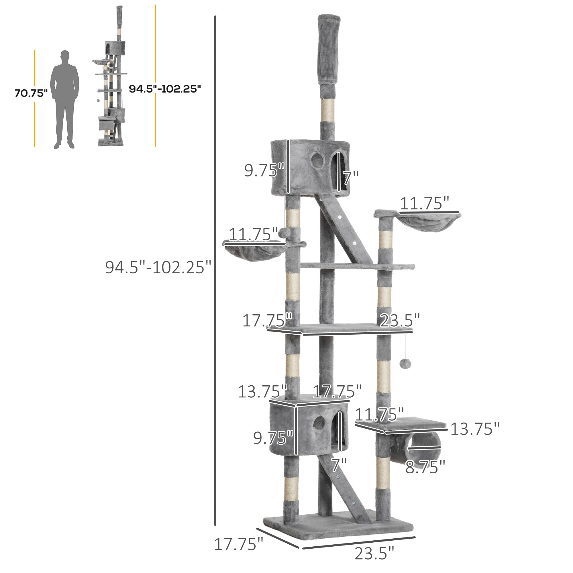 Adjustable Cat Tree Tower 94.5" – Multi-Level Climbing & Scratching Post with Hammock