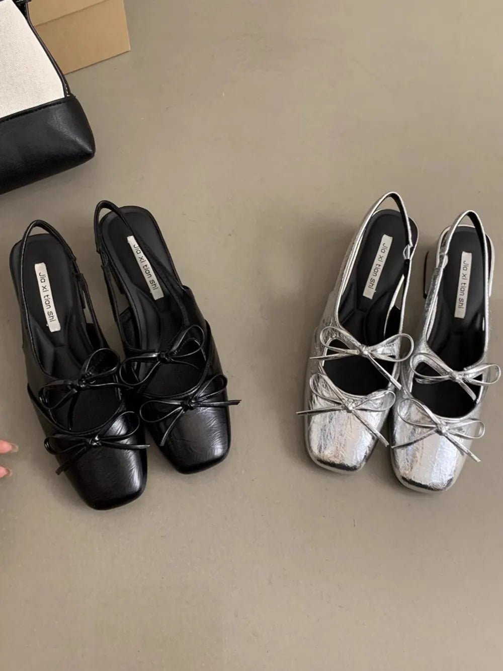 Women's Square Toe Bow-Tie Slingback Ballet Flats | Low Heel PU Leather Shoes
