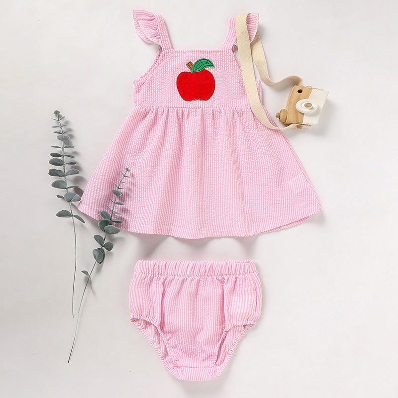 Girls Back to School Outfit Set - Ruffle Sleeve Apple Top & Shorts 2-Piece