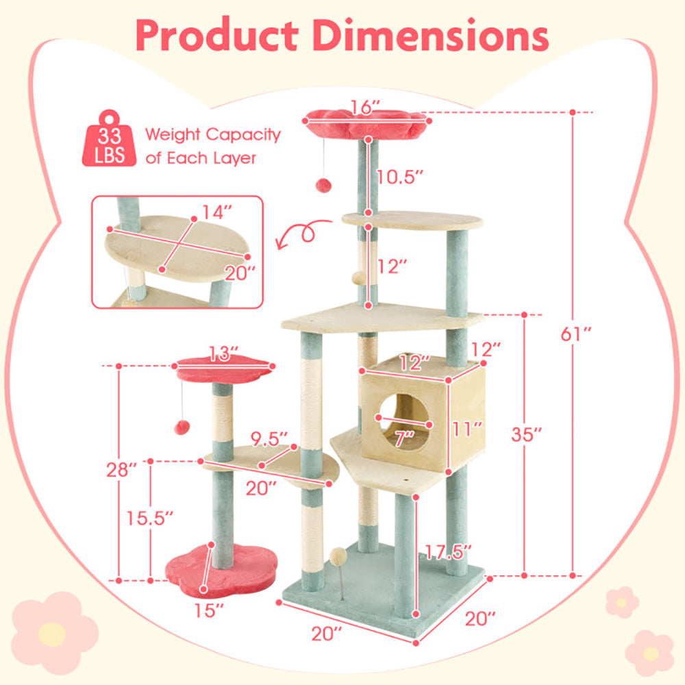 61" Luxury Cat Tree Tower | Multi-Level Flower Design, Plush Perches & Sisal Scratching Posts