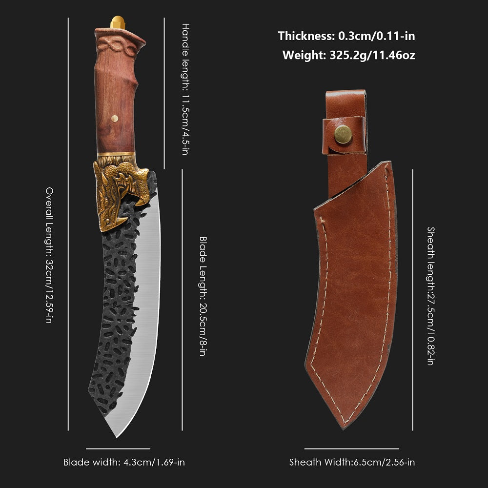 Hand Forged Boning Knife with Dragon Handle - 7Cr17MOV Carbon Steel Blade with Leather Sheath for Hunting, Camping & Filleting