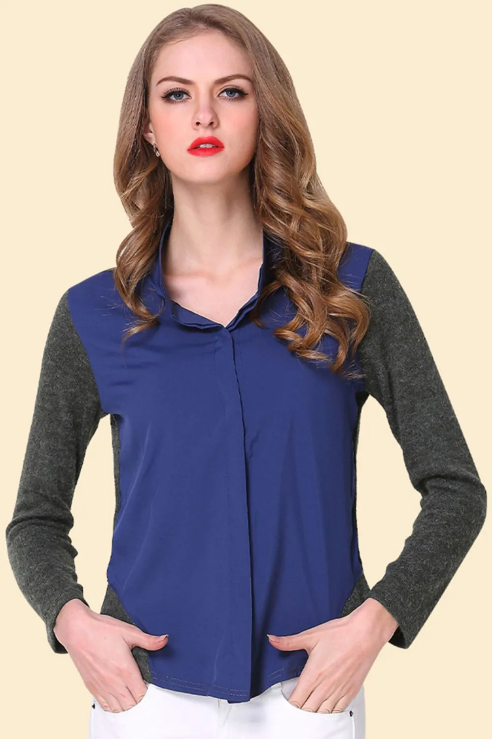 Two-Tone Spliced Casual Button-Down Shirt