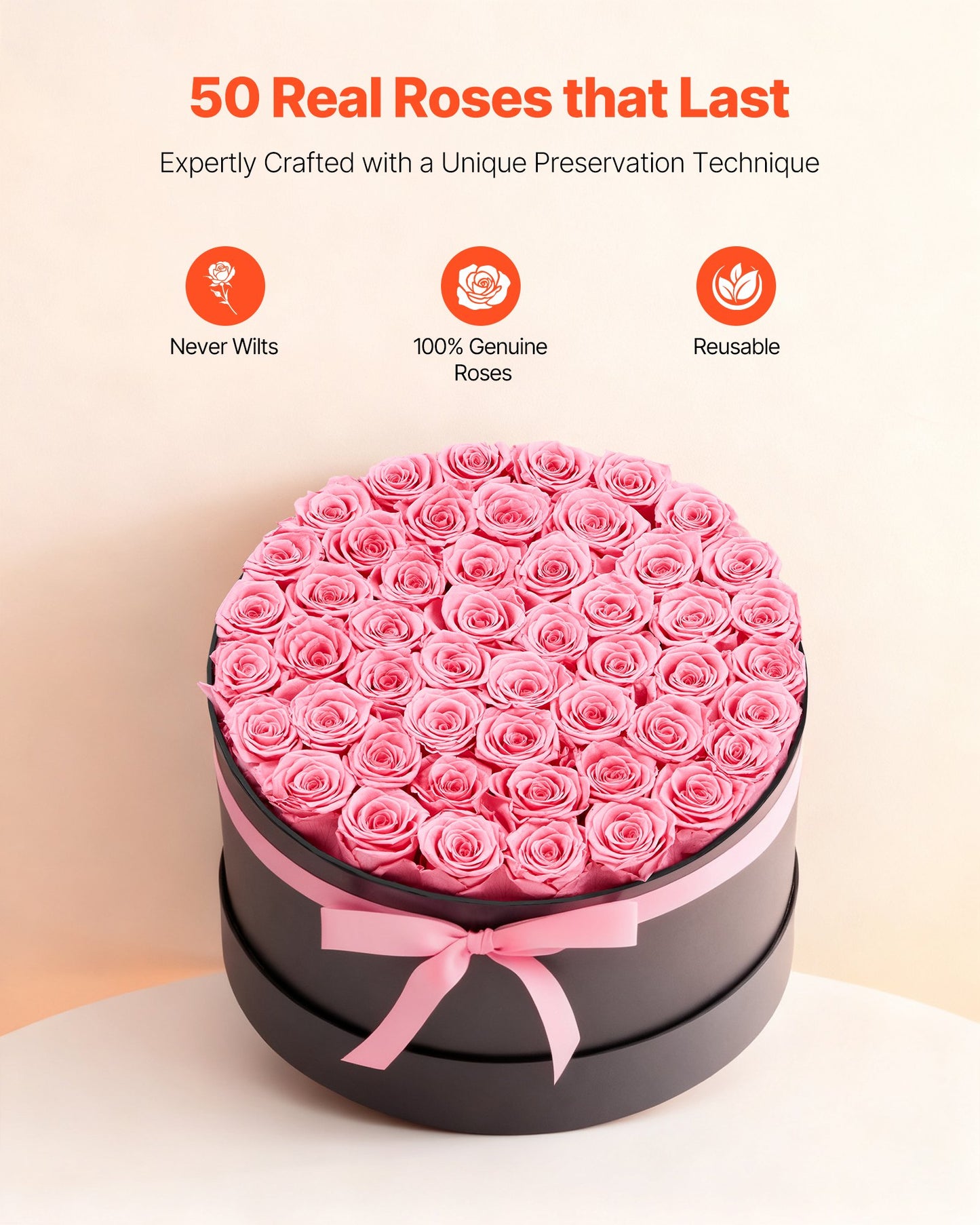 Preserved Roses Gift Box - 50 Real Eternal Roses, Long-Lasting Romantic Bouquet for Anniversary, Birthday & Valentine's Day