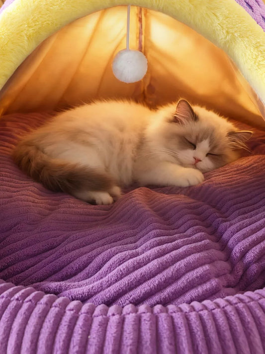 Cartoon Pet Cave Nest Bed with Hanging Ball – Cozy Plush Bed for Cats & Small Dogs