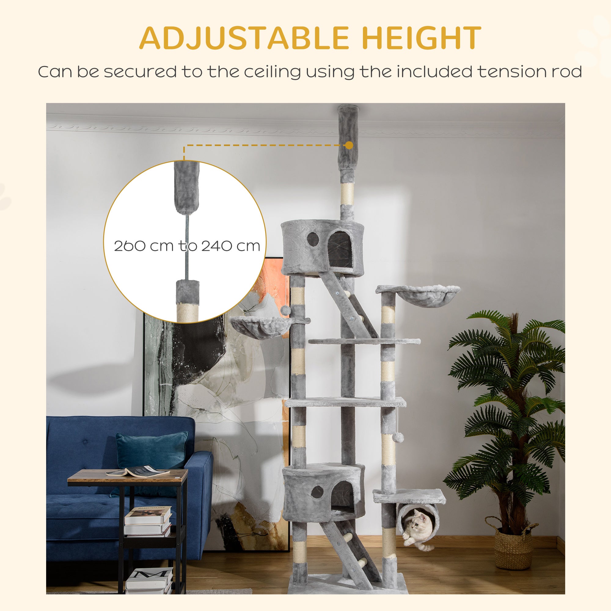 Adjustable Cat Tree Tower 94.5" – Multi-Level Climbing & Scratching Post with Hammock