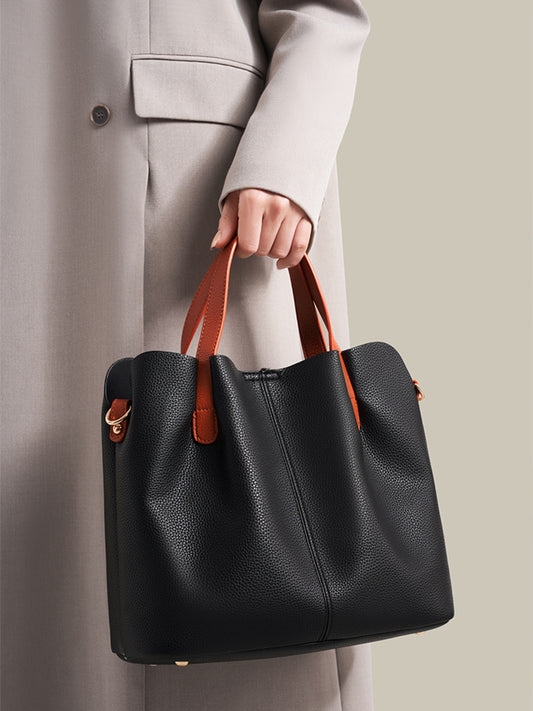 Leather Contrast Handle Handbag – Large PU Leather Shoulder Bag