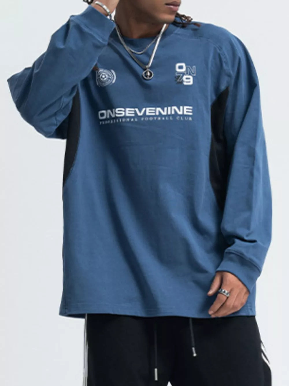 Men's Long Sleeve Relaxed Fit T-Shirt – Contrast Stitching Cotton Blend