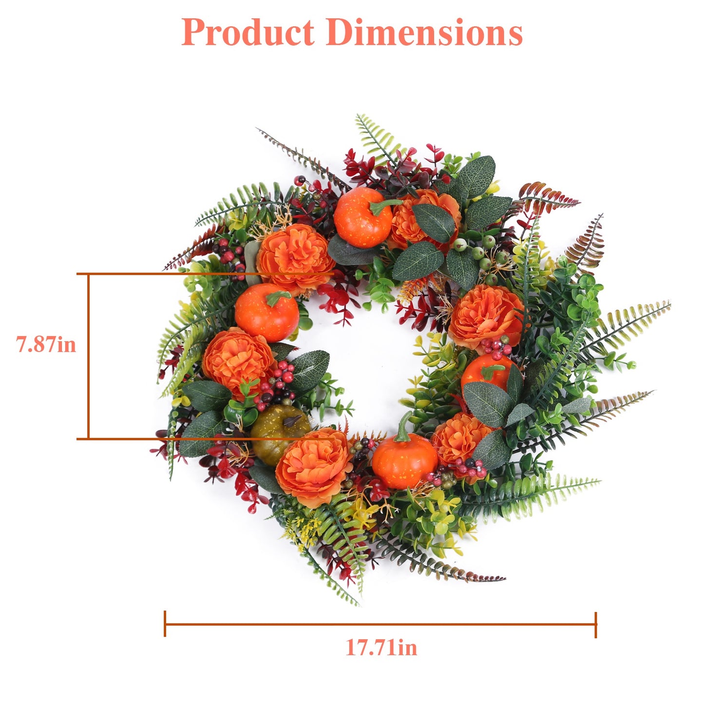 17.7" Fall Wreath for Front Door - Autumn Pumpkin & Berry Harvest Decoration