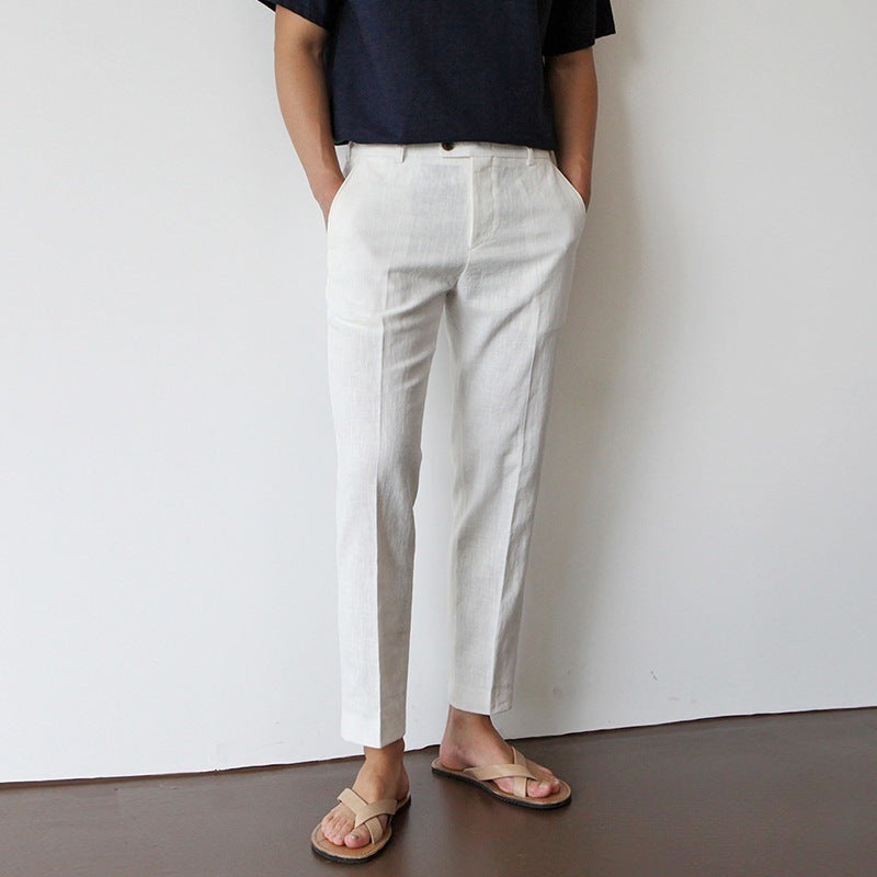 Men's Cotton Linen Cropped Pants - Straight Leg Summer Trousers