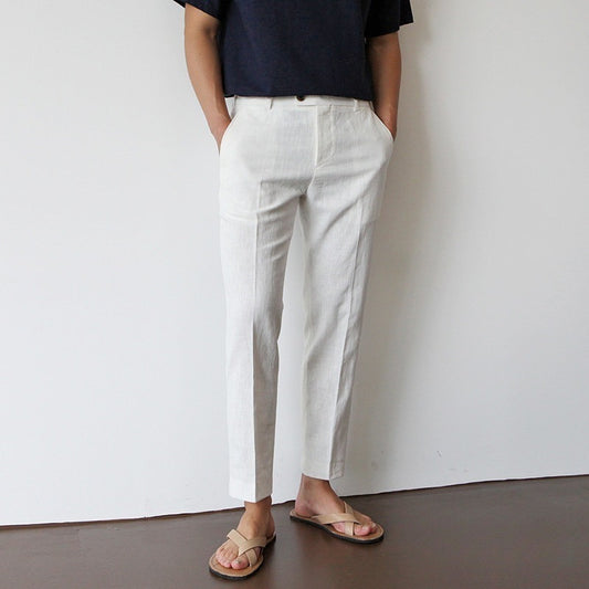 Men's Cotton Linen Cropped Pants - Straight Leg Summer Trousers