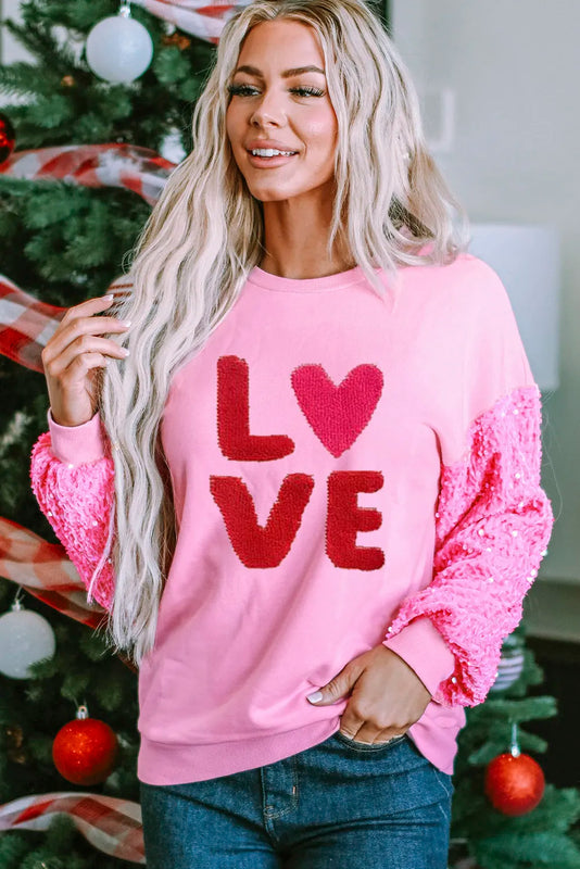 LOVE Sequin Sweatshirt - Cozy Dropped Shoulder Pullover for Women