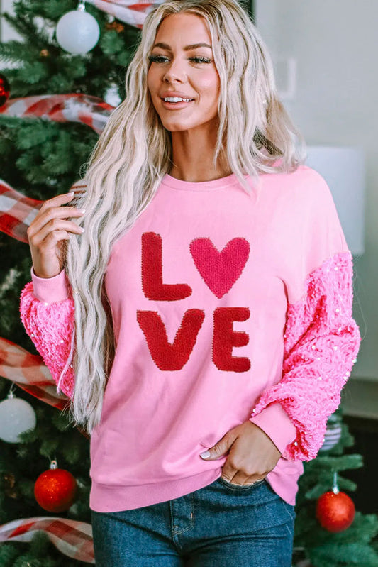 LOVE Sequin Sweatshirt - Cozy Dropped Shoulder Pullover for Women