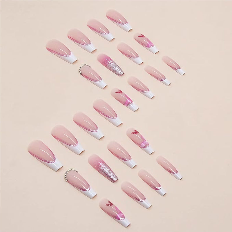 Glitter Butterfly Press On Nails – 24 Piece Long Square False Nails