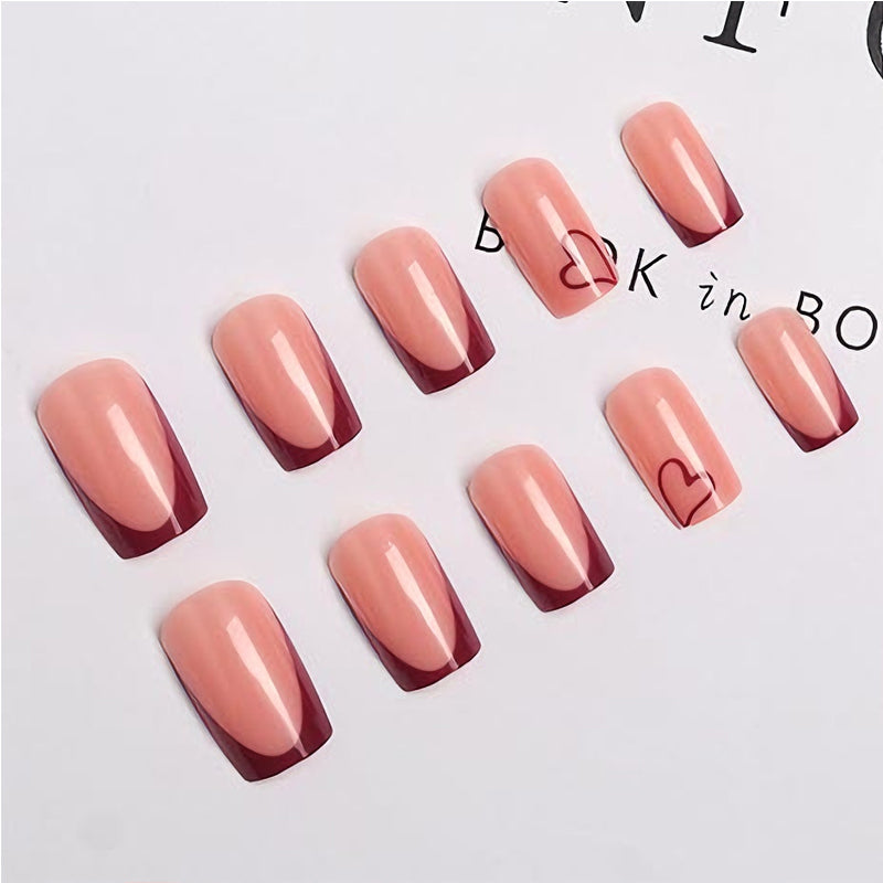 24 PCS Valentine's Day Press On Nails – French Tip Wine Red Heart False Nail Set