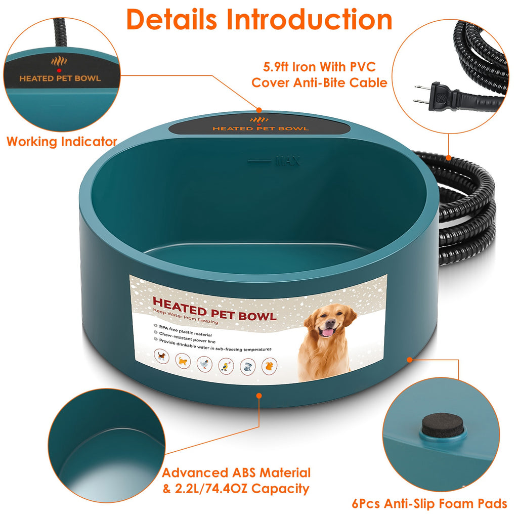 Heated Pet Water Bowl - 74oz Thermostat Controlled, Anti-Freeze for Dogs & Cats